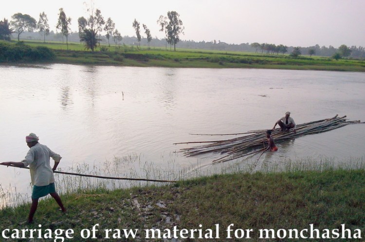 required bamboo, logs, hogla etc materials were transported through the meandering bagda river beside monchasha